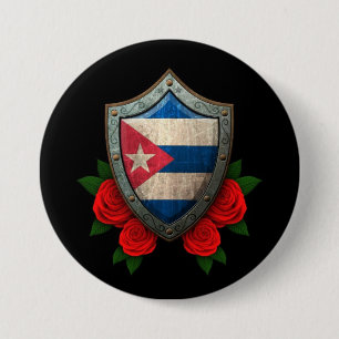 Badge Rond 7,6 Cm Bouclier cubain usé de drapeau avec les roses