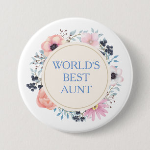 Badge Rond 7,6 Cm Bouquet Floral bleu rose Meilleure tante