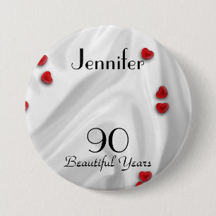 Badge Rond 7,6 Cm Bouton 90e anniversaire / Épingle, Petits Coeurs 