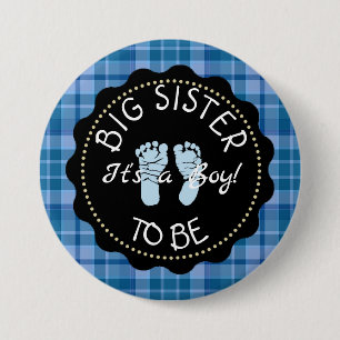 Badge Rond 7,6 Cm Bouton BIG SISTER to be Blue Plaid Baby shower