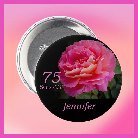 Badge Rond 7,6 Cm Bouton d'anniversaire rose rose de 75 ans