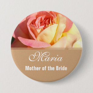 Badge Rond 7,6 Cm Bouton de nom du mariage de fleurs rose et jaune.