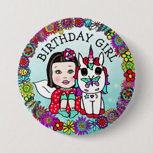 Badge Rond 7,6 Cm Bouton Fée Fille Anniversaire et licorne