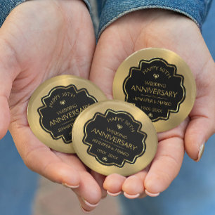Badge Rond 7,6 Cm Bouton Gold & Black 50th Gold Mariage Anniversaire