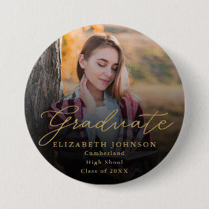 Badge Rond 7,6 Cm Bouton Gold Modern Script Photo Graduate