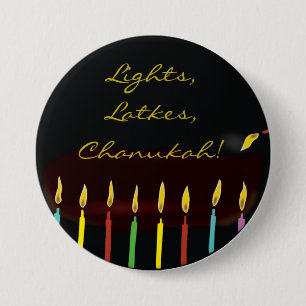 Badge Rond 7,6 Cm Bouton Hanoukka, Lumières, Latkes, Chanukah !