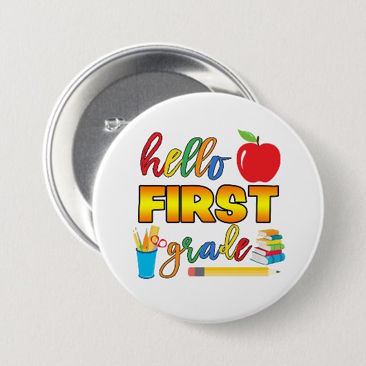 Badge Rond 7,6 Cm Bouton Hello First Grade (Devant & derrière)