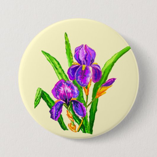 Badge Rond 7,6 Cm Bouton Iris Fleurs Irises - Votre Couleur - Texte (Devant)