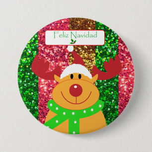 Badge Rond 7,6 Cm Bouton mignon d'orignal de Noël "Feliz Navidad"