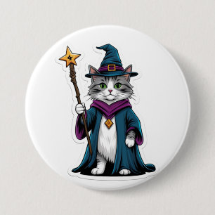 Badge Rond 7,6 Cm Bouton Mini chat sorcier avec bâton magique