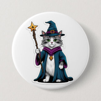 Badge Rond 7,6 Cm Bouton Mini chat sorcier avec bâton magique