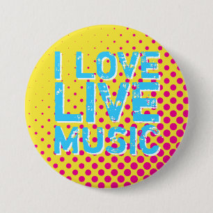 Badge Rond 7,6 Cm Bouton Musique Jaune et Bleu Rétro Halftone I Love