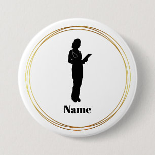 Badge Rond 7,6 Cm Bouton Nom Silhouette du médecin féminin