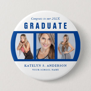Badge Rond 7,6 Cm Bouton Personnalisé Collage Photo Graduation Bleue