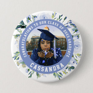 Badge Rond 7,6 Cm Bouton photo Blue Floral Rose Graduation