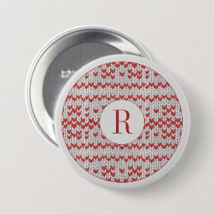 Badge Rond 7,6 Cm Bouton rond tricot nordique ROUGE + Initiale