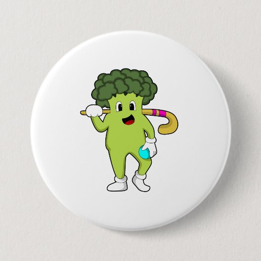 Badge Rond 7,6 Cm Broccoli à Hockey avec chauve-souris de hockey (Devant)