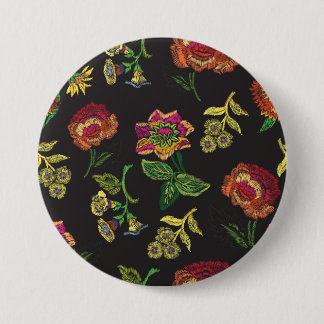 Badge Rond 7,6 Cm broche brodée avec des fleurs sur un noir dos noir