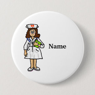 Badge Rond 7,6 Cm Brunette Female Nurse Button Add Name !