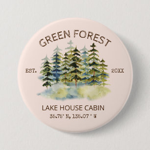 Badge Rond 7,6 Cm Cabane de lodge forestier vert brumeux vintage aqu