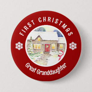 Badge Rond 7,6 Cm Cabane enneigée Premier Noël Cercle Rouge