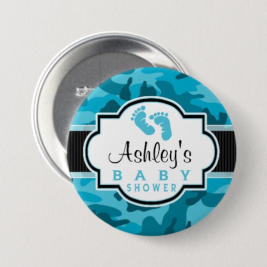Badge Rond 7,6 Cm Camo Bleu, Baby shower Camouflage (Devant & derrière)