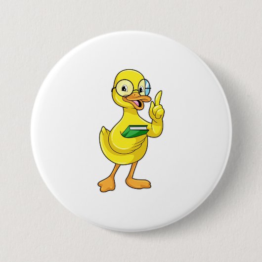 Badge Rond 7,6 Cm Canard comme enseignant avec livre et lunettes (Devant)
