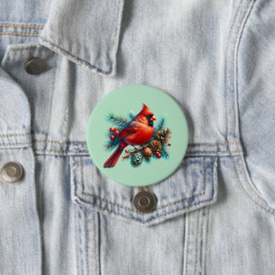 Badge Rond 7,6 Cm Cardinal sur une branche de pin avec des baies d'h
