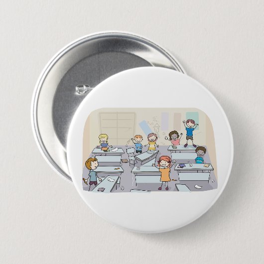 Badge Rond 7,6 Cm Cartoon Classroom Chaos With Wild Students (Devant & derrière)