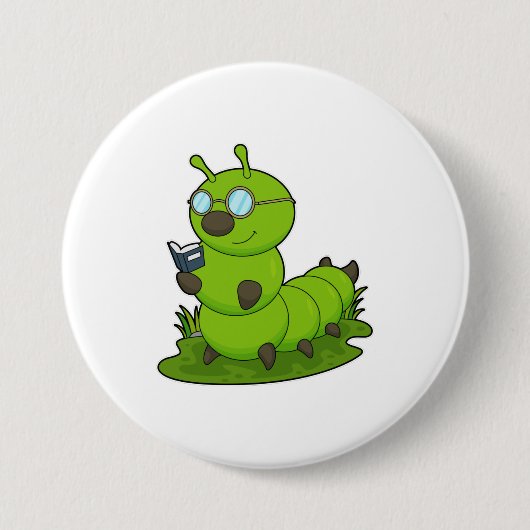 Badge Rond 7,6 Cm Caterpillar Nerd avec lunettes et livre (Devant)