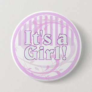 Badge Rond 7,6 Cm C'est une Faire-part de naissance à rayures roses