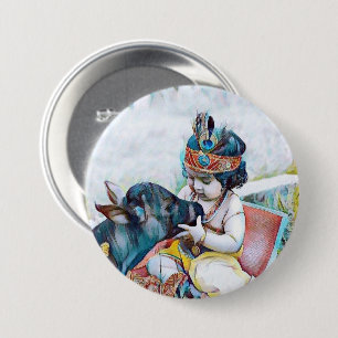Badge Rond 7,6 Cm charmant lord krishna avec la vache classique coll