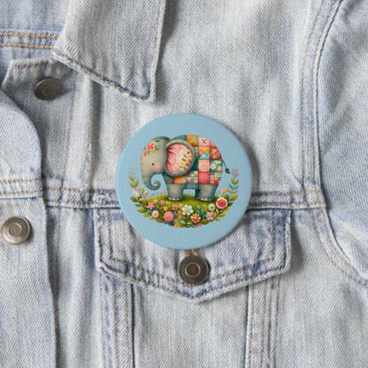 Badge Rond 7,6 Cm Charme de Prairie Florale à l'Éléphant Patchwork (En situation)