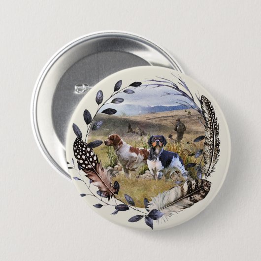 Badge Rond 7,6 Cm Chasse à la caille avec un Espagnol breton, Art (Devant & derrière)