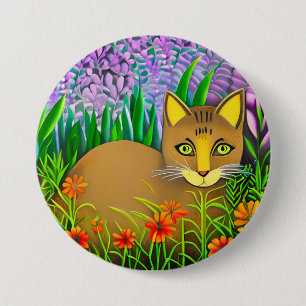 Badge Rond 7,6 Cm Chat à l'oeil vert dans un jardin fleuri
