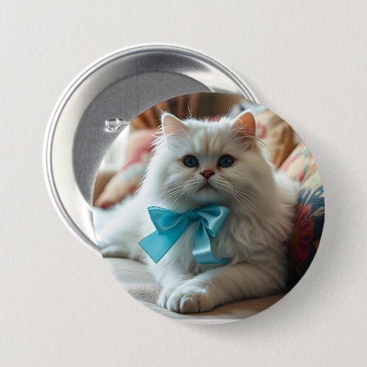 Badge Rond 7,6 Cm Chat blanc mignon avec chou bleu (Devant & derrière)