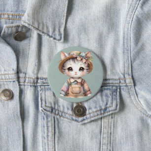 Badge Rond 7,6 Cm Chat Cottagecore au look Pastel en Salopette & Cha