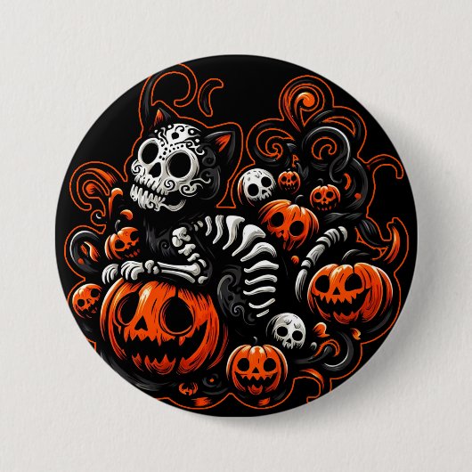 Badge Rond 7,6 Cm Chat éffrayant et Citrouille (Devant)