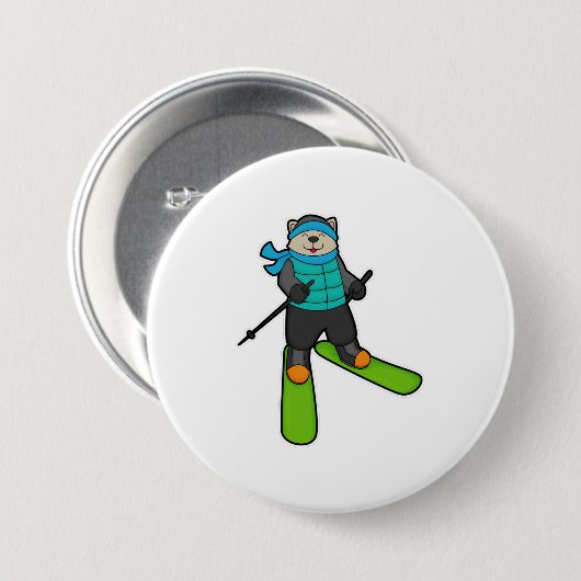 Badge Rond 7,6 Cm Chat en Skier avec Ski (Devant & derrière)