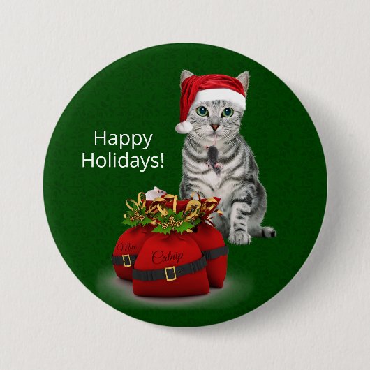 Badge Rond 7,6 Cm Chat et souris Noël sur Green (Devant)