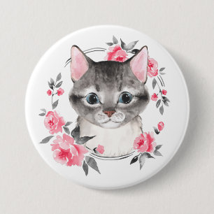 Badge Rond 7,6 Cm Chat gris avec des fleurs. Aquarelle