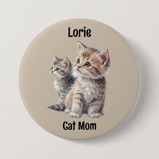 Badge Rond 7,6 Cm Chat Maman Cute Kitten Aquarelle "Nom/ID" Design (Devant)