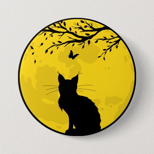 Badge Rond 7,6 Cm Chat noir Lune jaune (Devant)