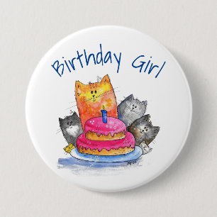 Badge Rond 7,6 Cm Chats Whimsical avec gâteau d'anniversaire