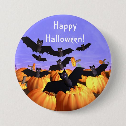 Badge Rond 7,6 Cm Chauves-souris d'Halloween et Citrouilles (Devant)