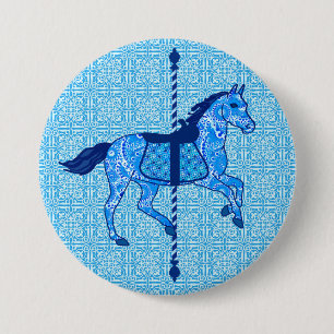 Badge Rond 7,6 Cm Cheval de carrousel - Cobalt et Sky Blue