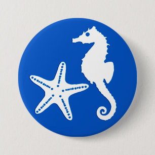 Badge Rond 7,6 Cm Cheval de mer et poisson d'eau - blanc sur bleu co