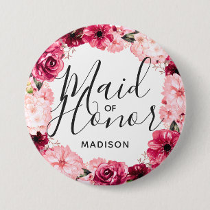 Badge Rond 7,6 Cm Chic Bourgogne & Couronne Florale Rose Demoiselle 