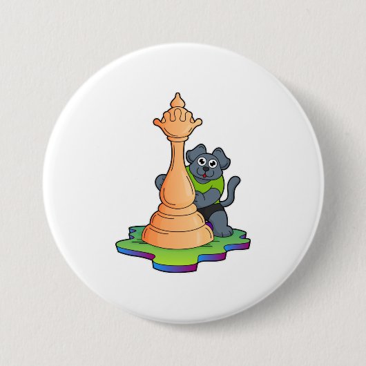 Badge Rond 7,6 Cm Chien aux échecs avec pièce d'échecs Queen (Devant)
