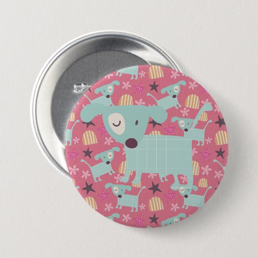 Badge Rond 7,6 Cm Chiens, étoiles et fleurs (Devant & derrière)